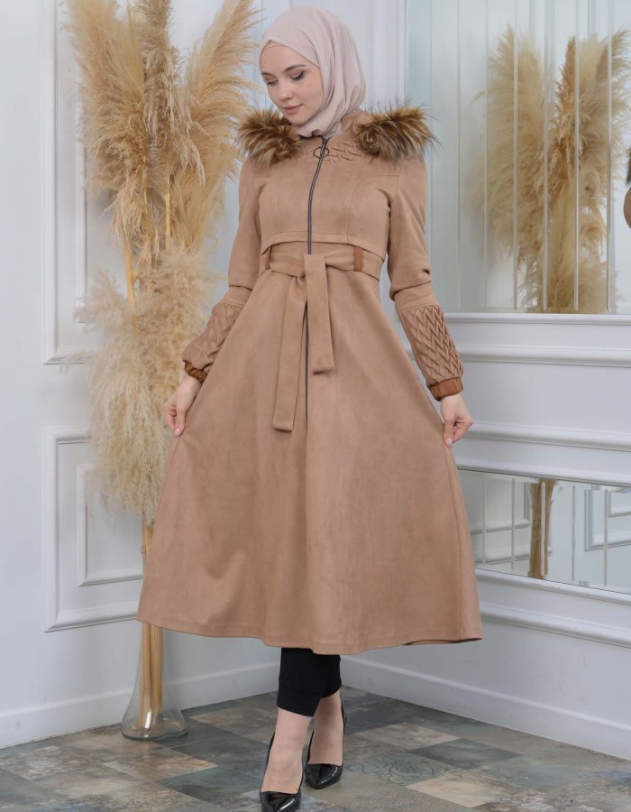 Women's trench coat suede, plisse, movable hood, 1316 Bej