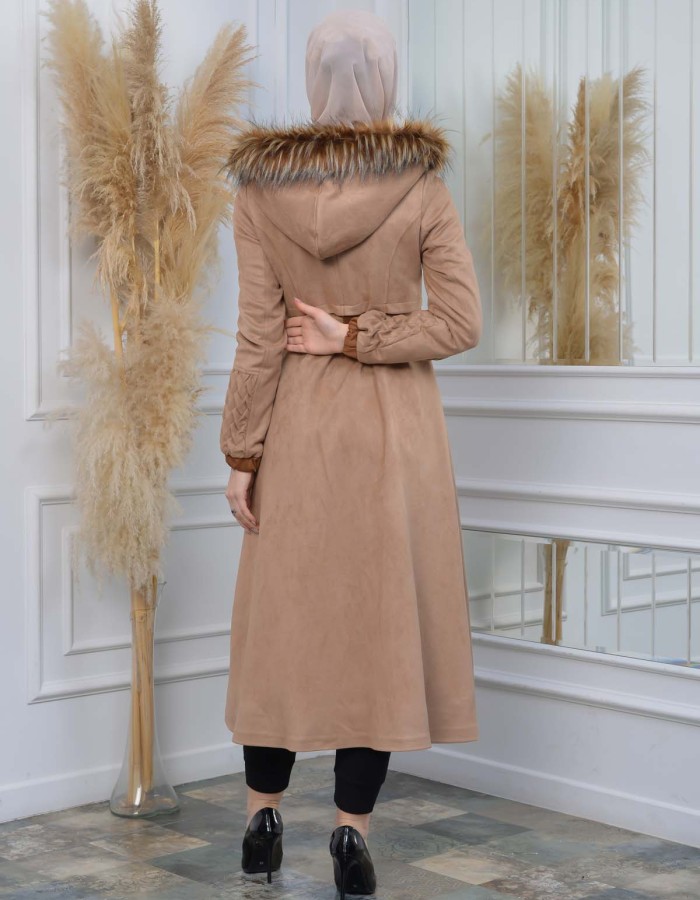 Women's trench coat suede, plisse, movable hood, 1316 Bej