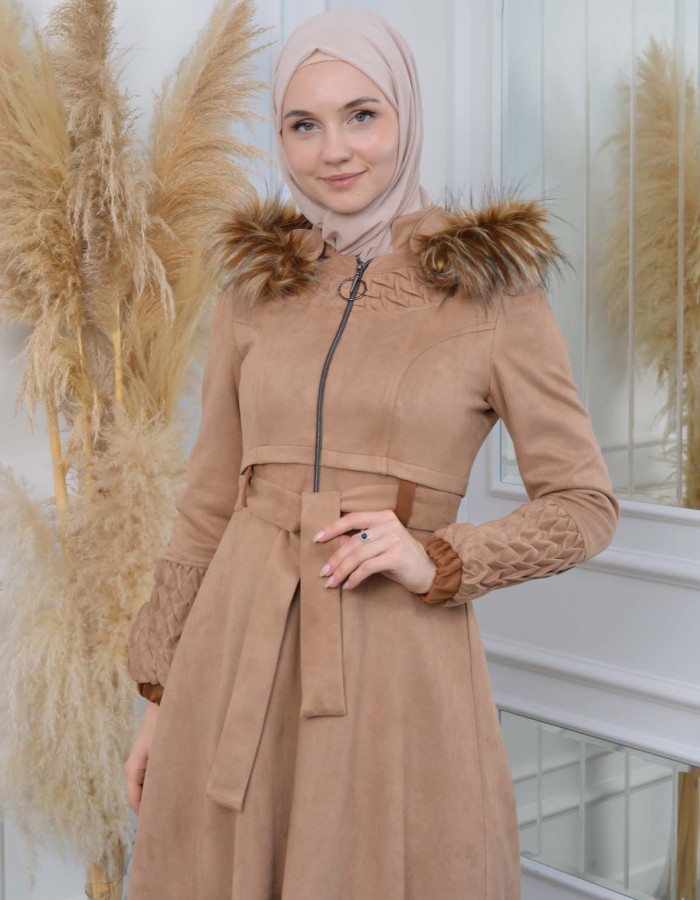 Women's trench coat suede, plisse, movable hood, 1316 Bej
