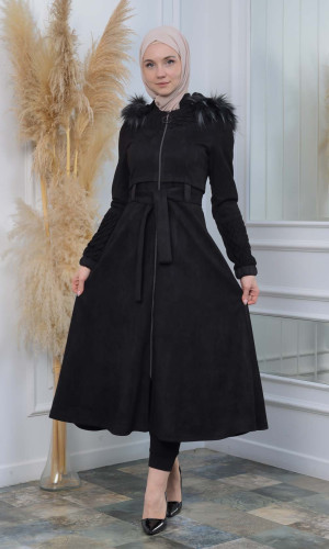 Womens trench coat suede, plisse, movable hood, 1316 - Schwarz