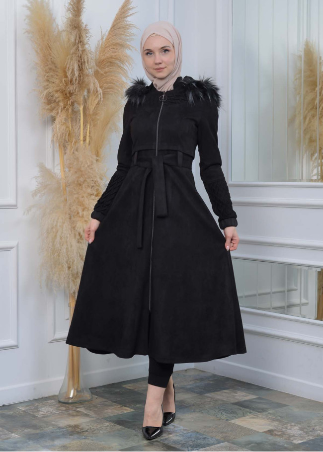 Women's trench coat suede, plisse, movable hood, 1316 Siyah