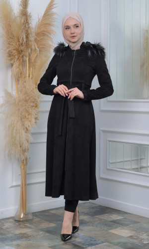 Womens trench coat suede, plisse, movable hood, 1316 - Schwarz