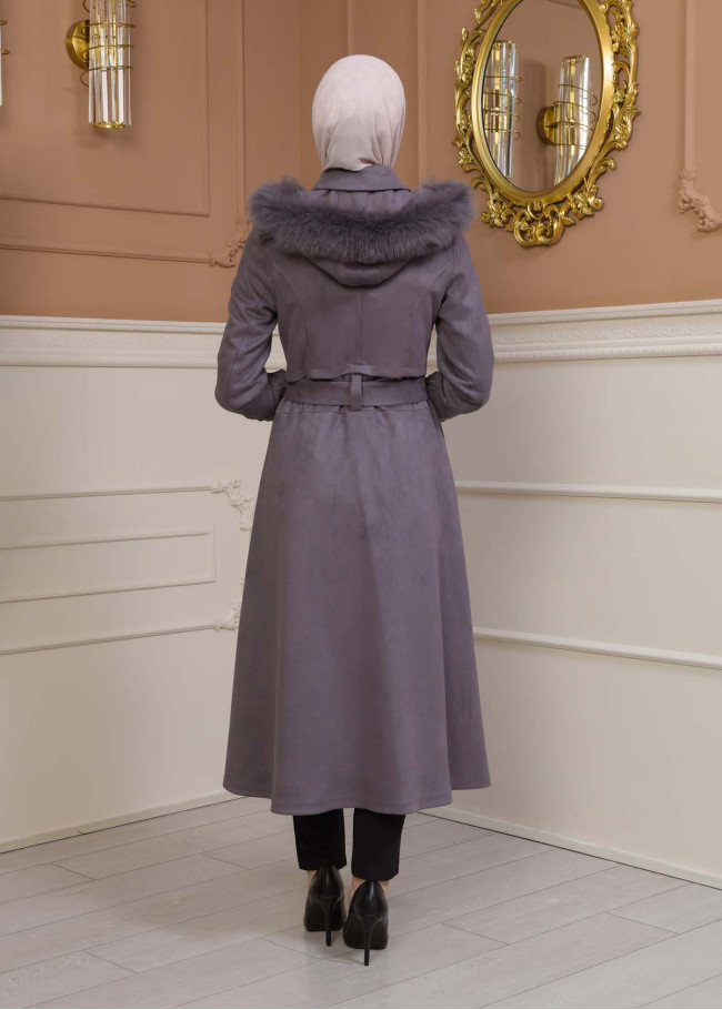 Women's trench coat suede, plisse, movable hood, 1316 Gri