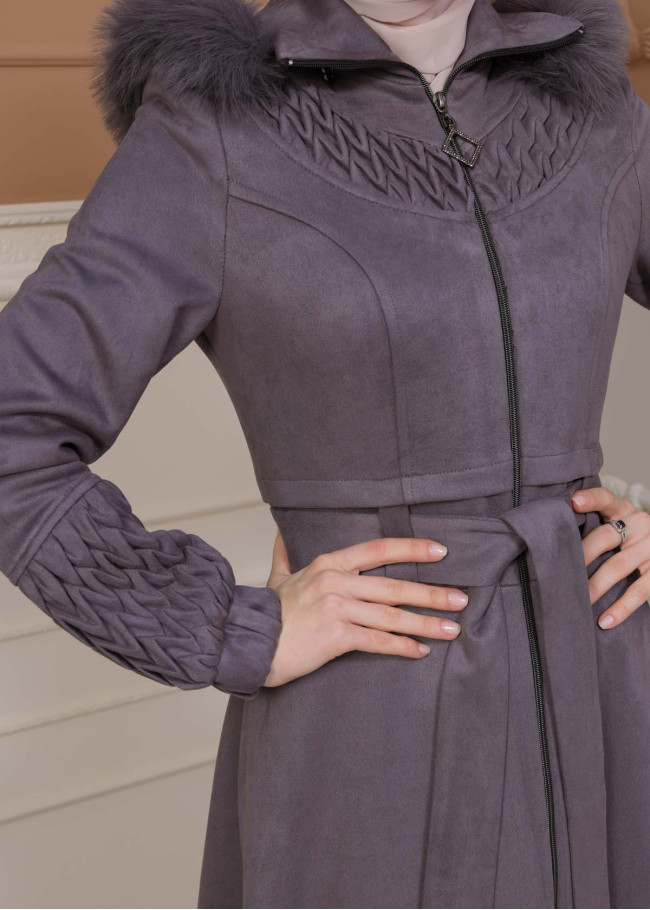 Women's trench coat suede, plisse, movable hood, 1316 Gri