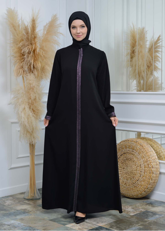 عباية نسائية ياقة مدورة مع سحاب و تطريز 561 Mor