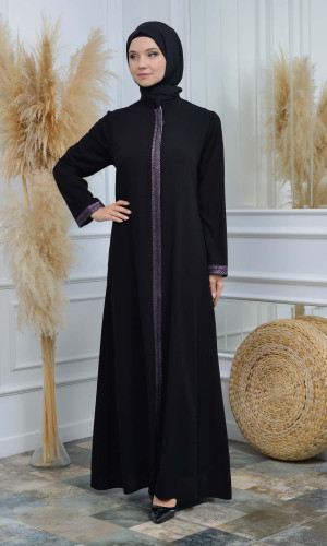 عباية نسائية ياقة مدورة مع سحاب و تطريز 561 - موف