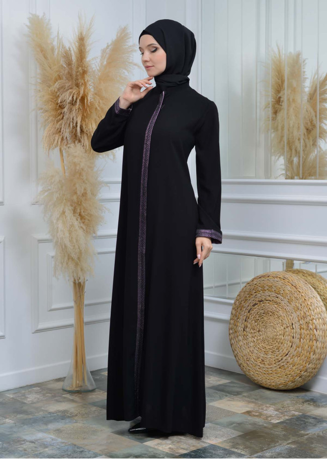 عباية نسائية ياقة مدورة مع سحاب و تطريز 561 Mor