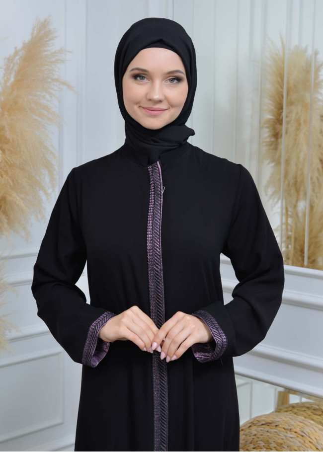 عباية نسائية ياقة مدورة مع سحاب و تطريز 561 Mor