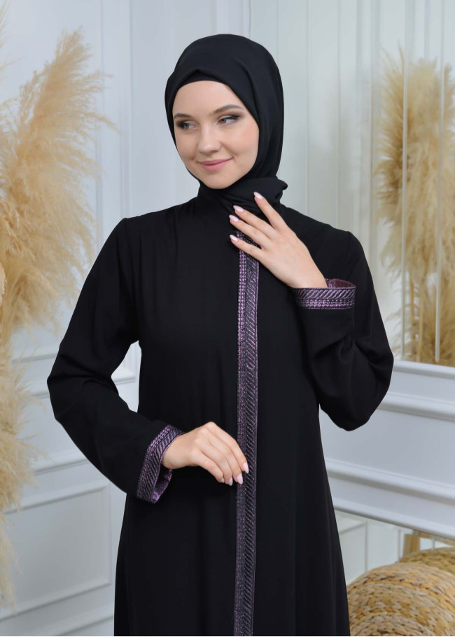 عباية نسائية ياقة مدورة مع سحاب و تطريز 561 Mor