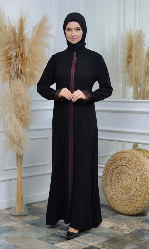 عباية نسائية ياقة مدورة مع سحاب و تطريز 561 - احمر