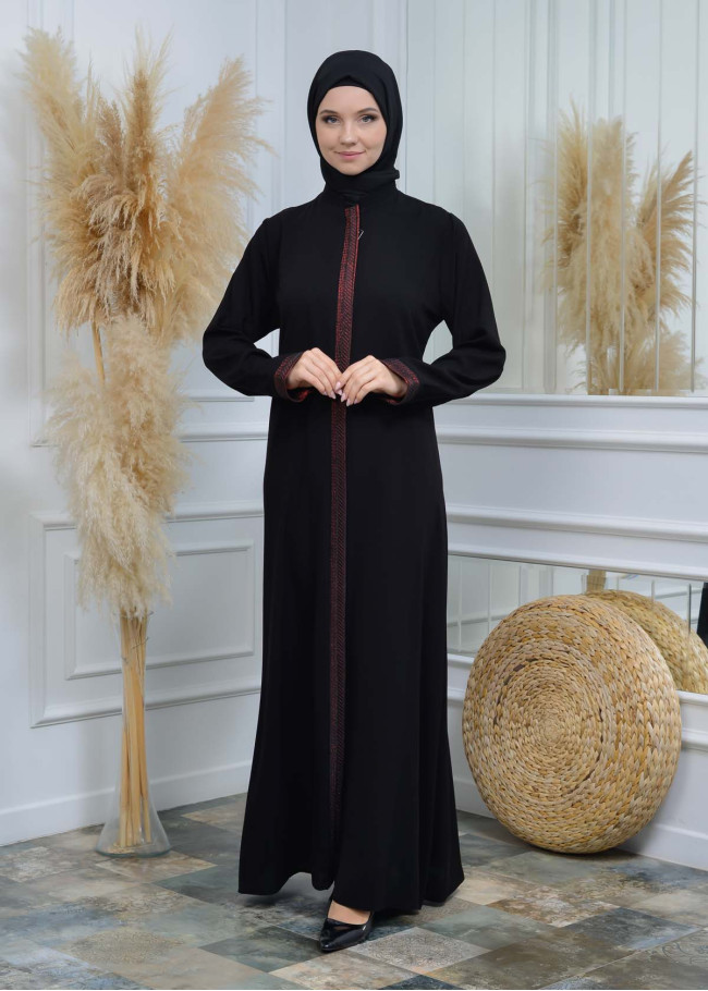 عباية نسائية ياقة مدورة مع سحاب و تطريز 561 Kırmızı