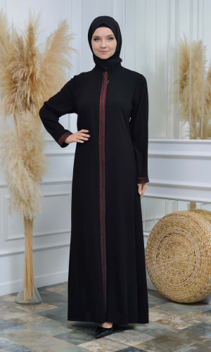 عباية نسائية ياقة مدورة مع سحاب و تطريز 561 - احمر