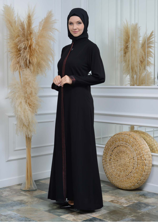عباية نسائية ياقة مدورة مع سحاب و تطريز 561 Kırmızı