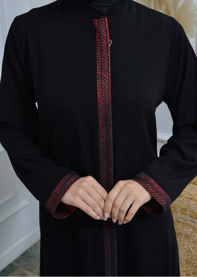 عباية نسائية ياقة مدورة مع سحاب و تطريز 561 Kırmızı