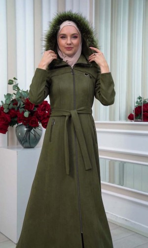 مانطو نسائي شاموا  شتوي مع كبيشون فرو قابلة للإزالة 1333 - زيتي