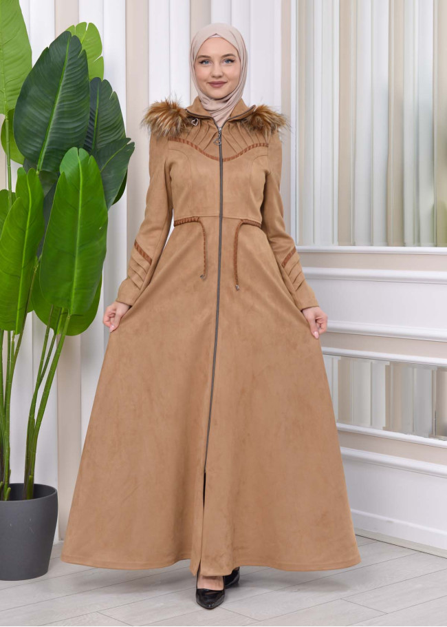 HOODED HIJAB TOPCOAT WITH WAIST TUNNEL 1330 Bej