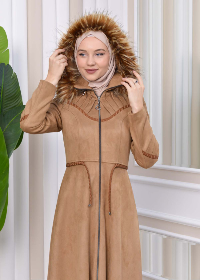 HOODED HIJAB TOPCOAT WITH WAIST TUNNEL 1330 Bej
