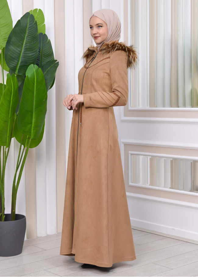 HOODED HIJAB TOPCOAT WITH WAIST TUNNEL 1330 Bej