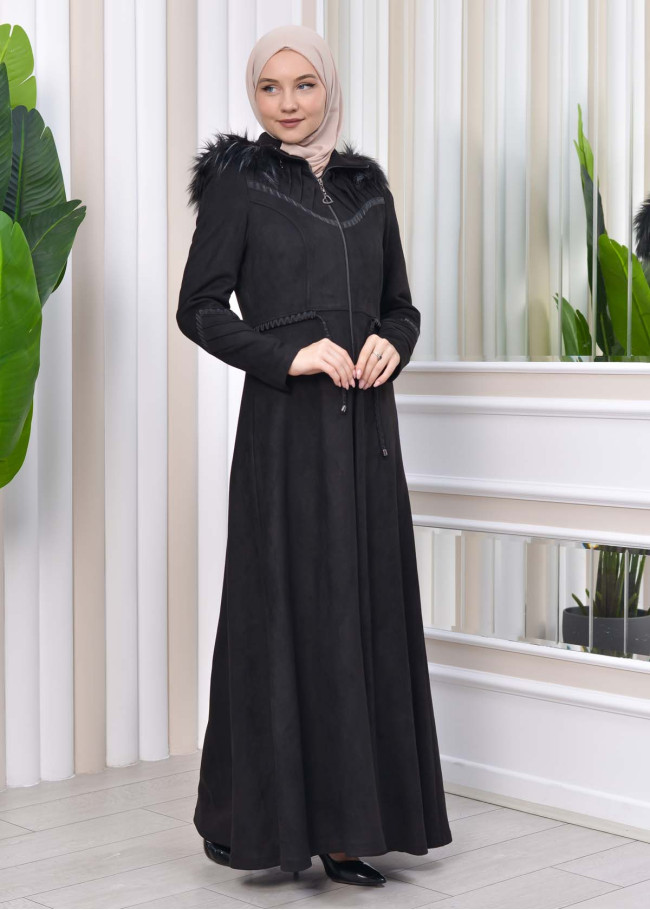 HOODED HIJAB TOPCOAT WITH WAIST TUNNEL 1330 Siyah