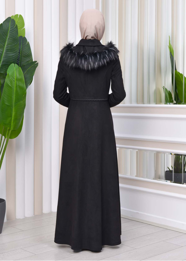 HOODED HIJAB TOPCOAT WITH WAIST TUNNEL 1330 Siyah