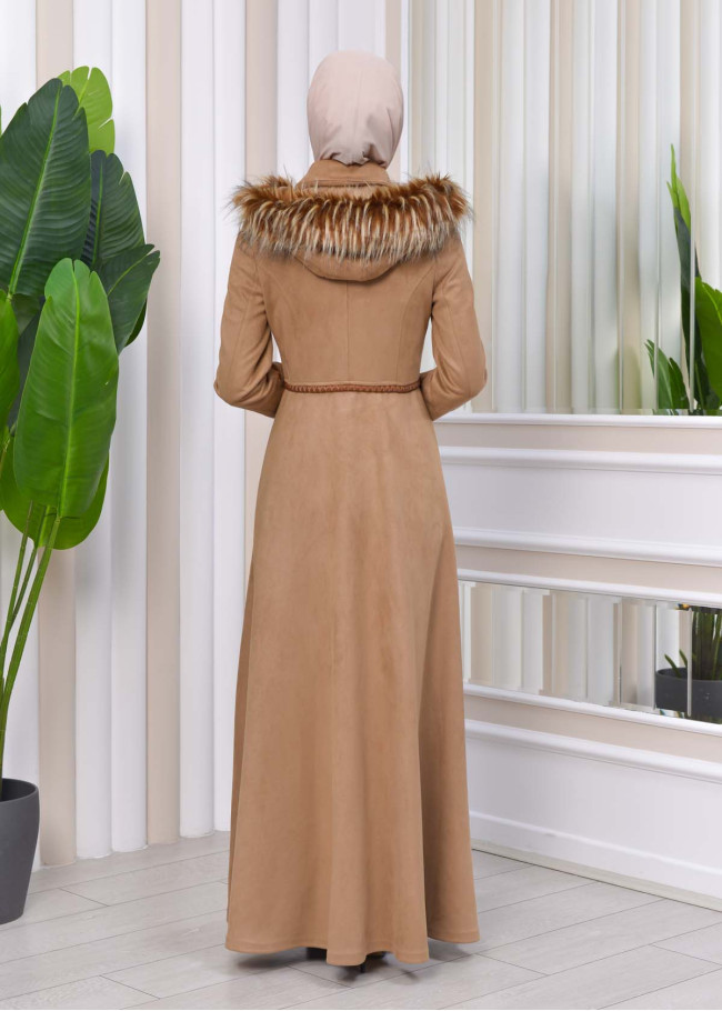 HOODED HIJAB TOPCOAT WITH WAIST TUNNEL 1330 Bej