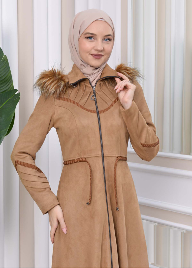 HOODED HIJAB TOPCOAT WITH WAIST TUNNEL 1330 Bej