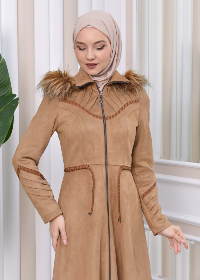 HOODED HIJAB TOPCOAT WITH WAIST TUNNEL 1330 Bej