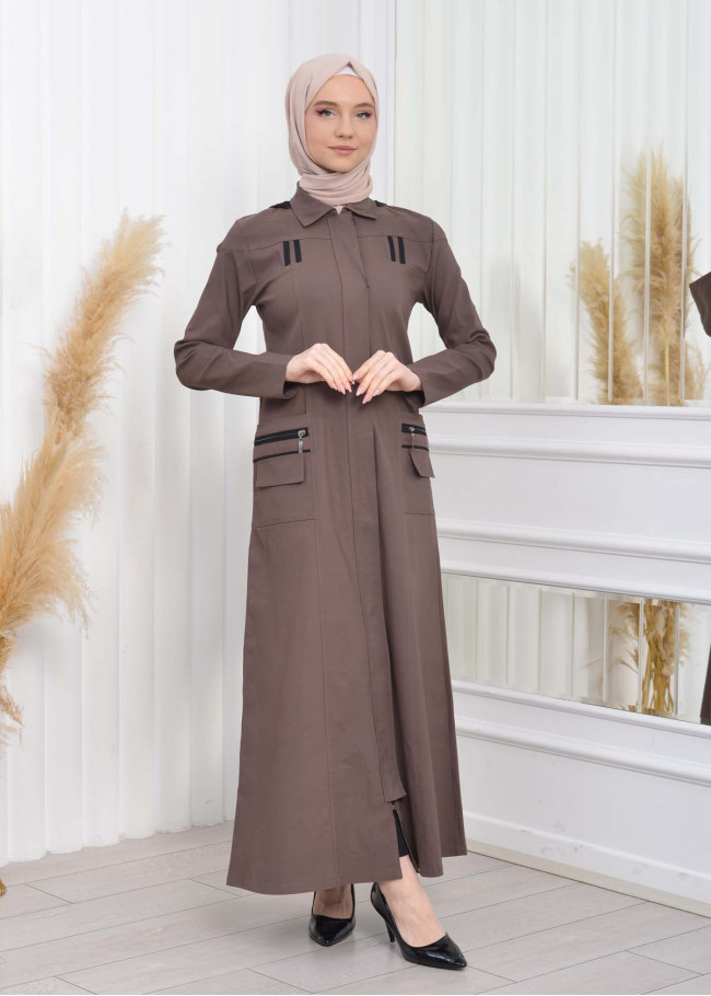 ترانشكوت كتان نسائي للمحجبات مع طاقية  1209 açık kahve