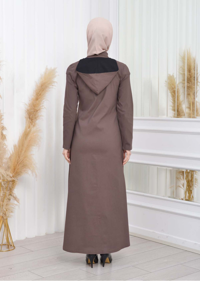 ترانشكوت كتان نسائي للمحجبات مع طاقية  1209 açık kahve