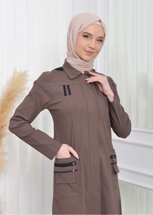 ترانشكوت كتان نسائي للمحجبات مع طاقية  1209 açık kahve