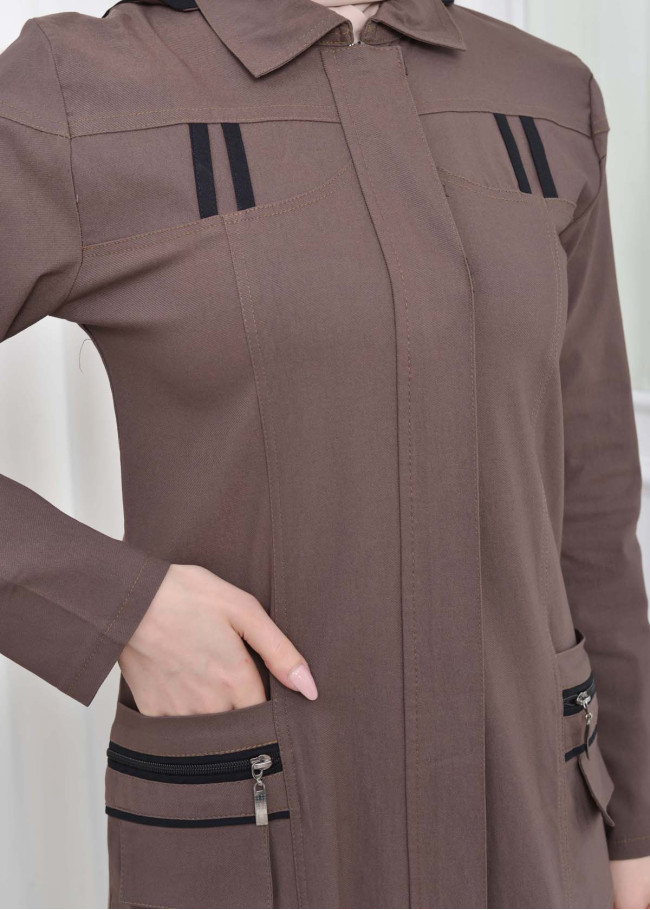 ترانشكوت كتان نسائي للمحجبات مع طاقية  1209 açık kahve