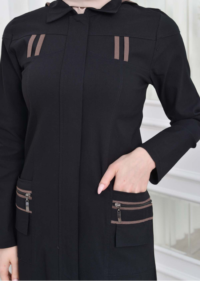 Hooded Zippered Linen Women Hijab Trench Coat Code : 1209 koyu gri