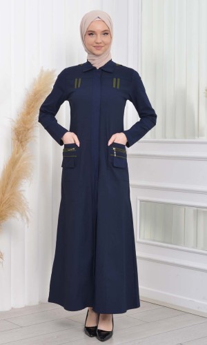 ترانشكوت كتان نسائي للمحجبات مع طاقية  1209 - كحلي