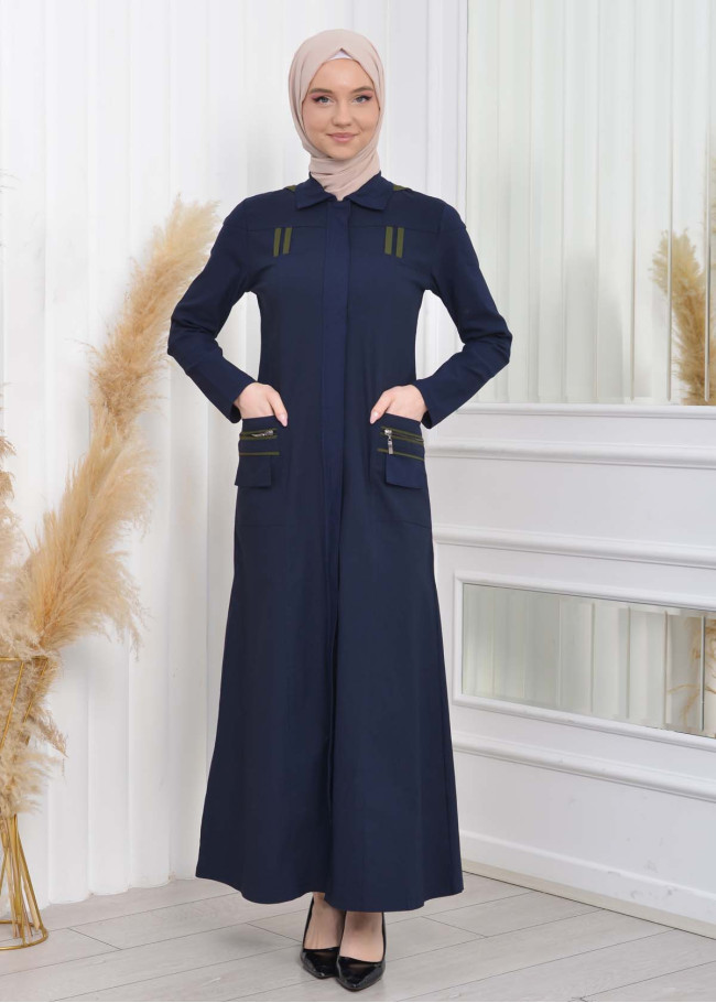 ترانشكوت كتان نسائي للمحجبات مع طاقية  1209 Lacivert