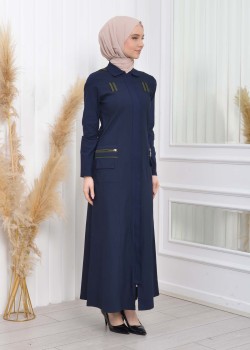 ترانشكوت كتان نسائي للمحجبات مع طاقية  1209 - كحلي