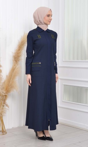 ترانشكوت كتان نسائي للمحجبات مع طاقية  1209 - كحلي