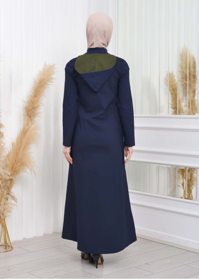 ترانشكوت كتان نسائي للمحجبات مع طاقية  1209 Lacivert