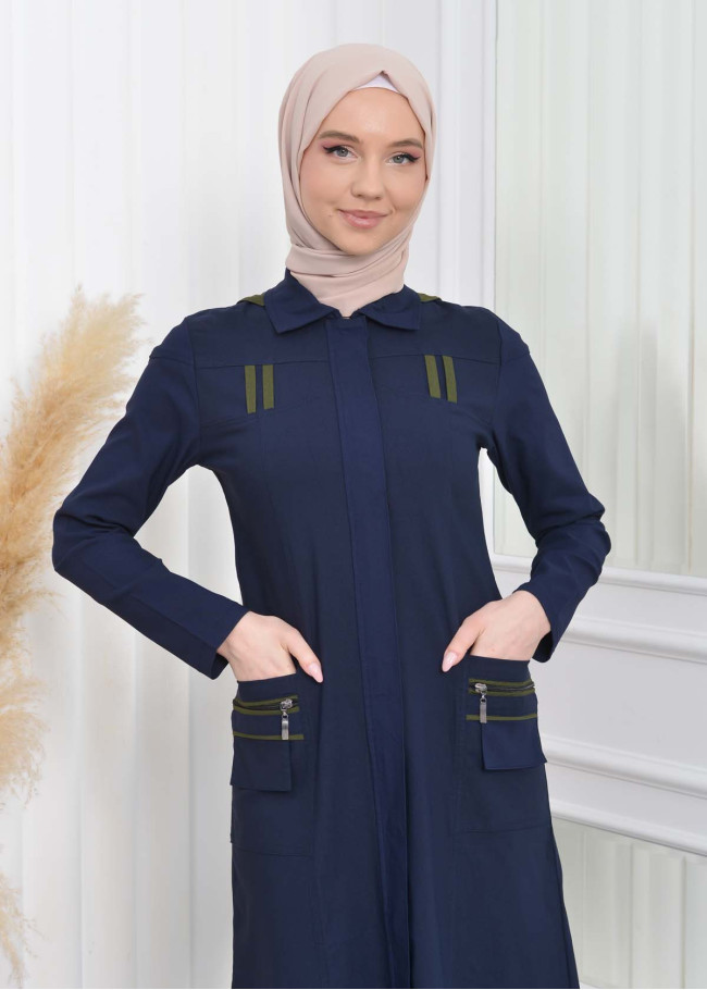 ترانشكوت كتان نسائي للمحجبات مع طاقية  1209 Lacivert