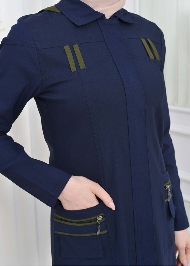 ترانشكوت كتان نسائي للمحجبات مع طاقية  1209 Lacivert