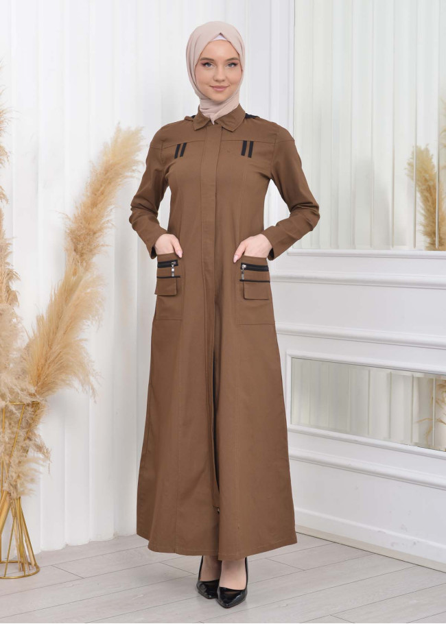 ترانشكوت كتان نسائي للمحجبات مع طاقية  1209 taba
