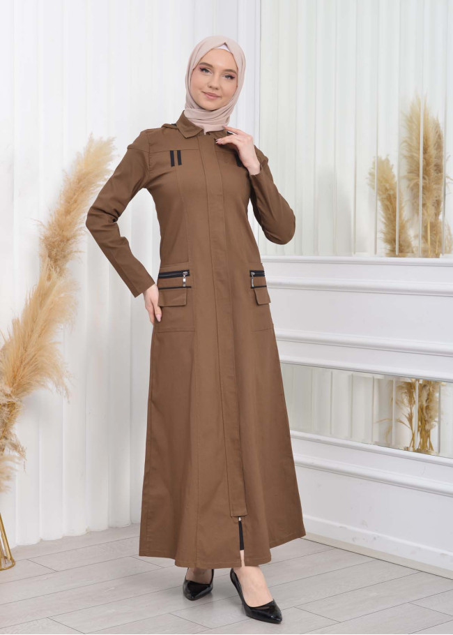 ترانشكوت كتان نسائي للمحجبات مع طاقية  1209 taba