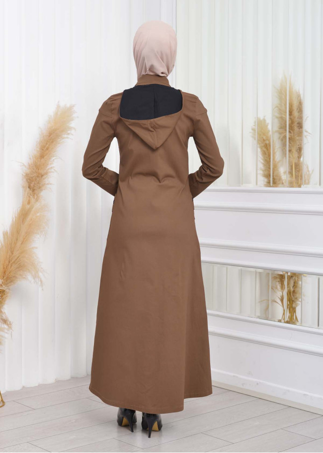 ترانشكوت كتان نسائي للمحجبات مع طاقية  1209 taba