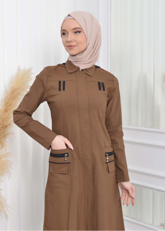ترانشكوت كتان نسائي للمحجبات مع طاقية  1209 taba