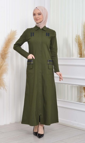 ترانشكوت كتان نسائي للمحجبات مع طاقية  1209 - زيتي