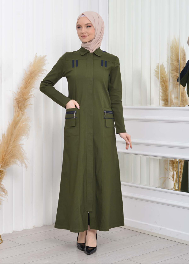 ترانشكوت كتان نسائي للمحجبات مع طاقية  1209 Haki