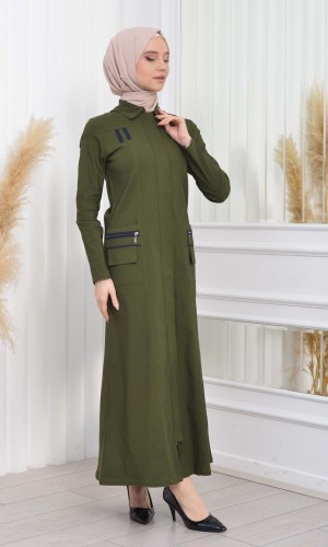 ترانشكوت كتان نسائي للمحجبات مع طاقية  1209 - زيتي