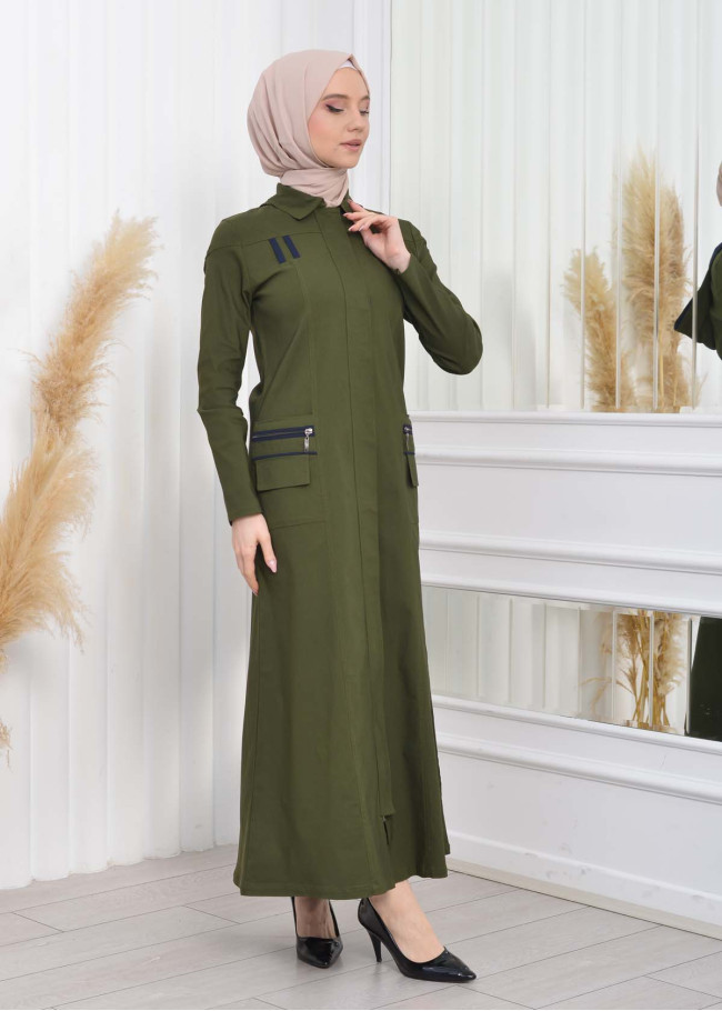 ترانشكوت كتان نسائي للمحجبات مع طاقية  1209 Haki