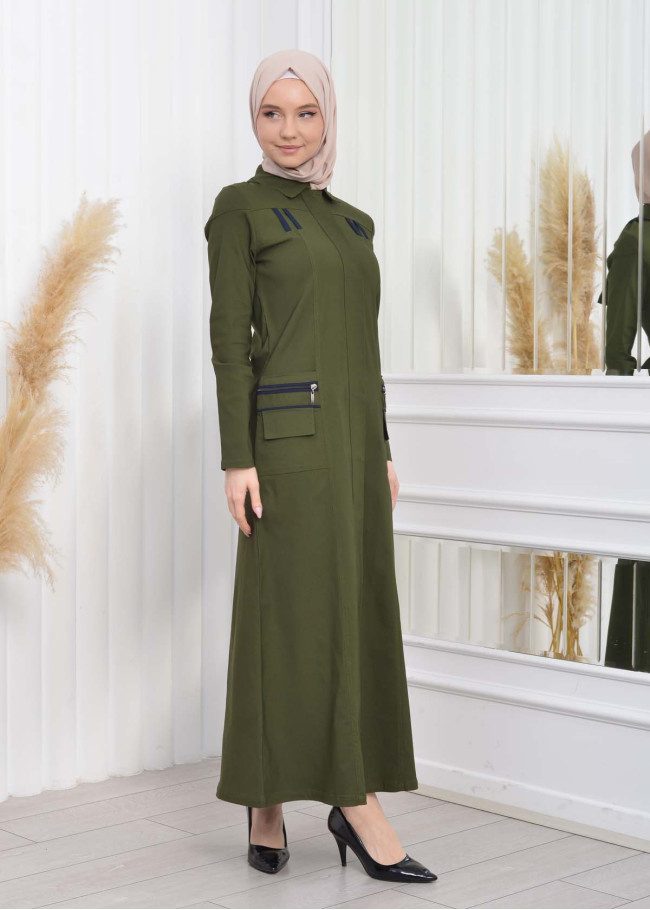 ترانشكوت كتان نسائي للمحجبات مع طاقية  1209 Haki