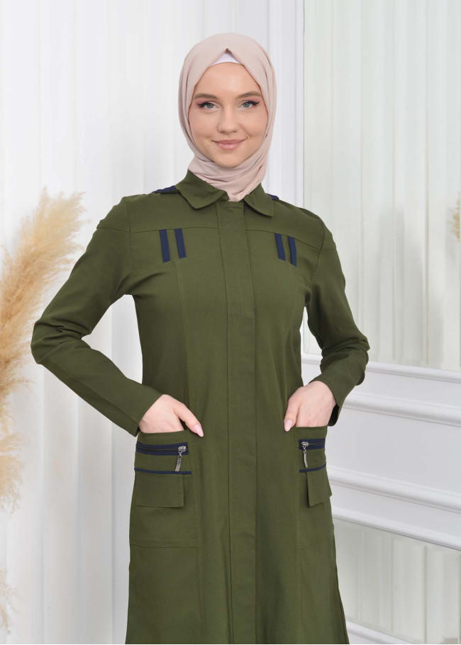 ترانشكوت كتان نسائي للمحجبات مع طاقية  1209 Haki