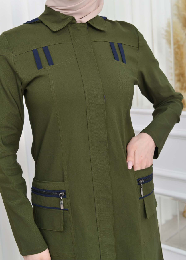 ترانشكوت كتان نسائي للمحجبات مع طاقية  1209 Haki